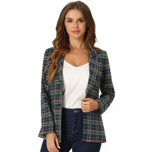 Notched Lapel One Button Houndstooth Blazer Jacket Green Blue
